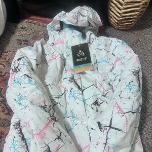 M electric blue snowboarding jacket pant set with checkered suspenders